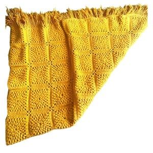 Mustard Crocheted Afghan Granny Square Fringe Retro Throw Blanket 69x46 Handmade